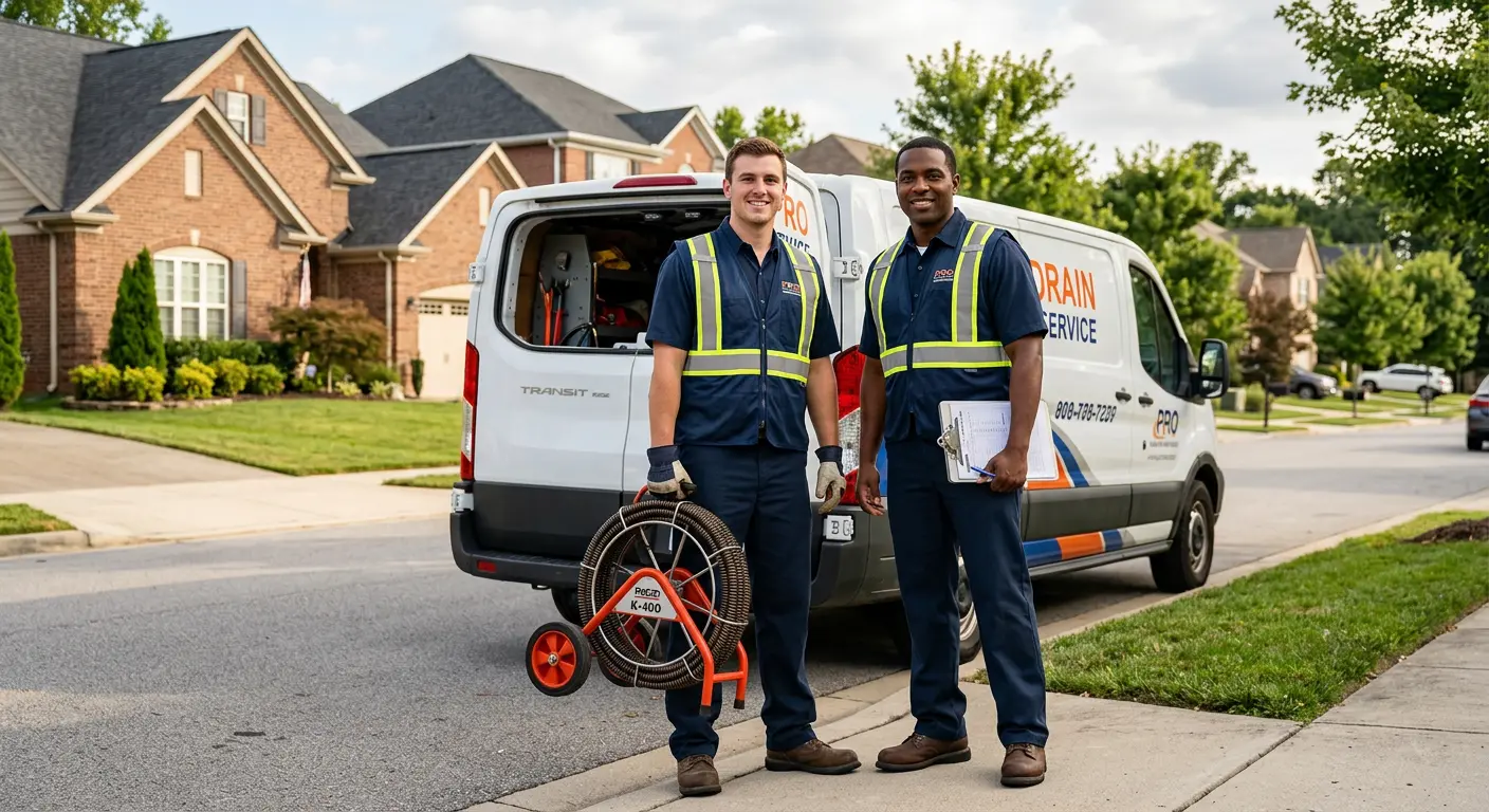 Sewer and drain service team with equipment ready for work in Carnegie