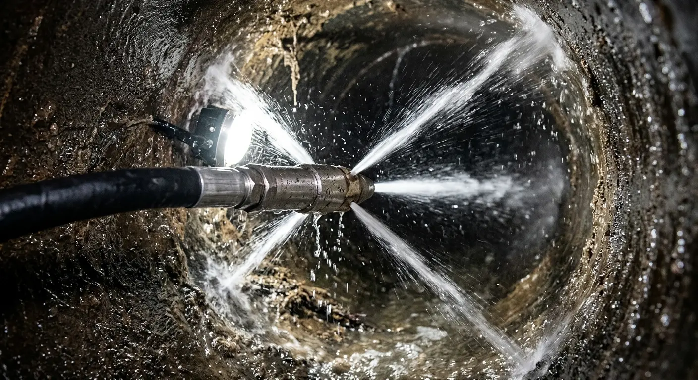 High-pressure hydro jetting nozzle cleaning sewer pipe for Emergency Drain Service in Carnegie