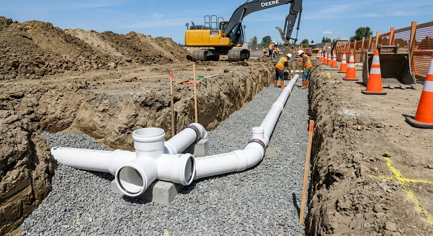 New PVC sewer pipe installation in open trench for Grease Trap Cleaning in Carnegie