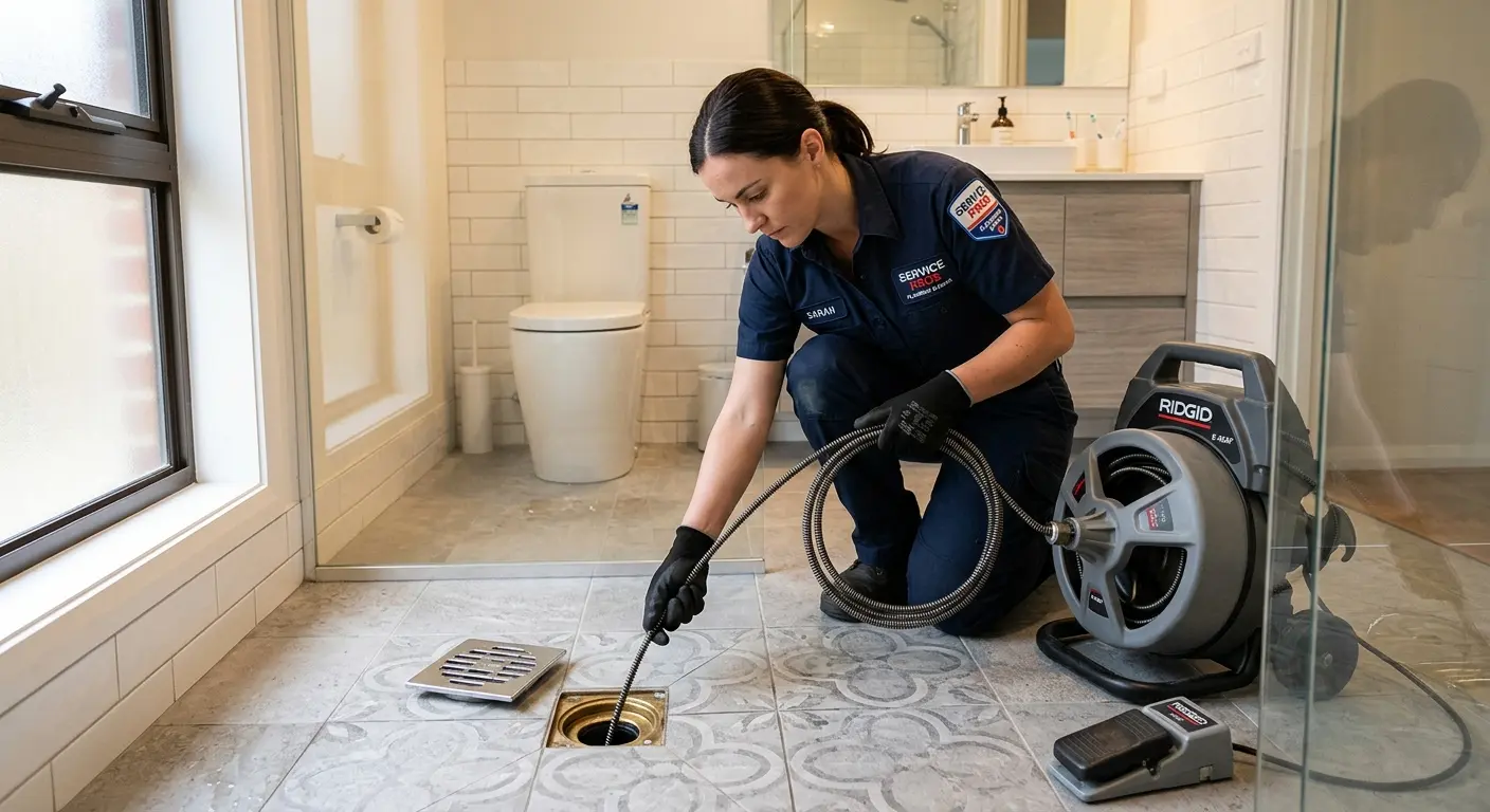 Technician clearing a bathroom floor drain for Drain Cleaning in Carnegie